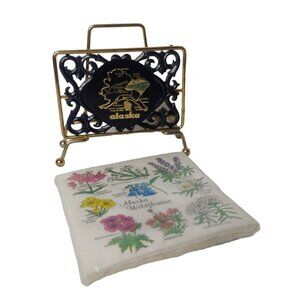 Vintage Alaska Napkin Holder Plastic Metal Wildflowers Beverage Napkin Pack 10"